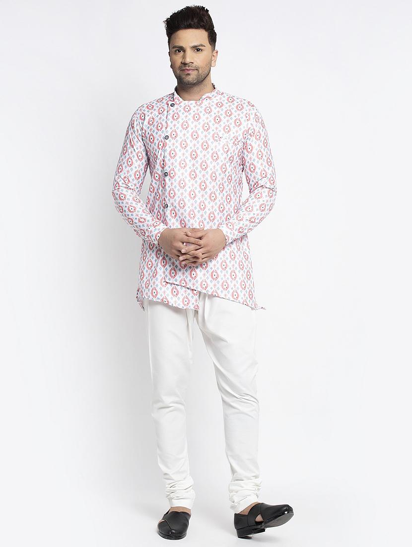 men printed asymmetric kurta churidar ethnic wear set