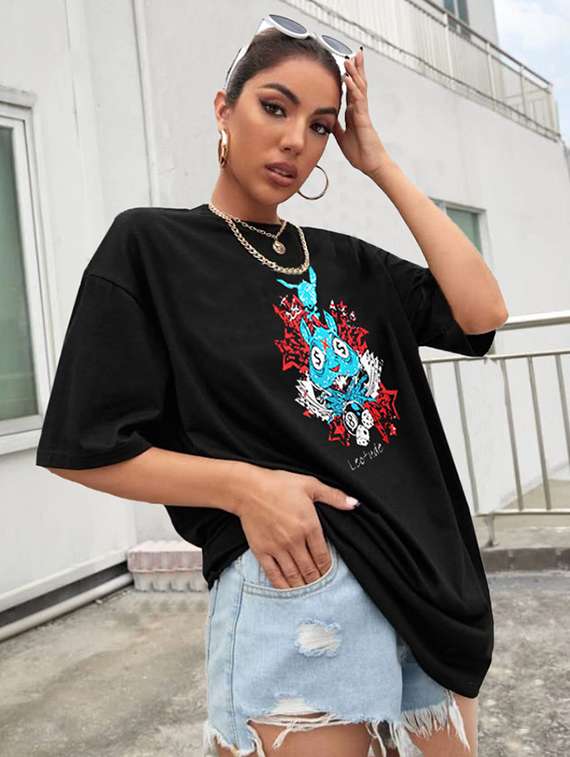 women round neck printed oversized t-shirt
