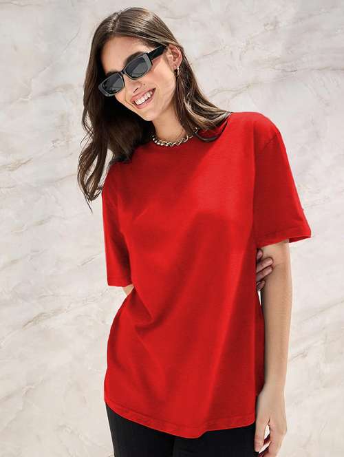 women round neck plain oversized t-shirt - 21622270 - Standard Image - 0
