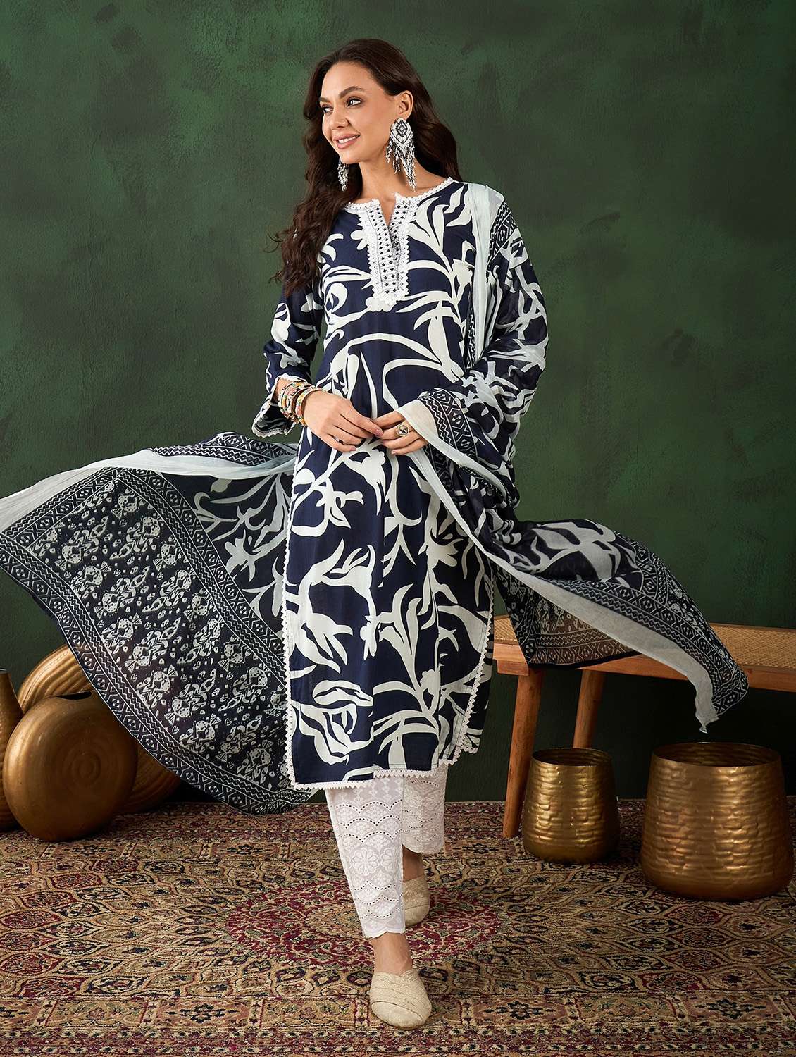 women three quarter sleeve kurta pant with dupatta set - 21622575 -  Zoom Image - 0