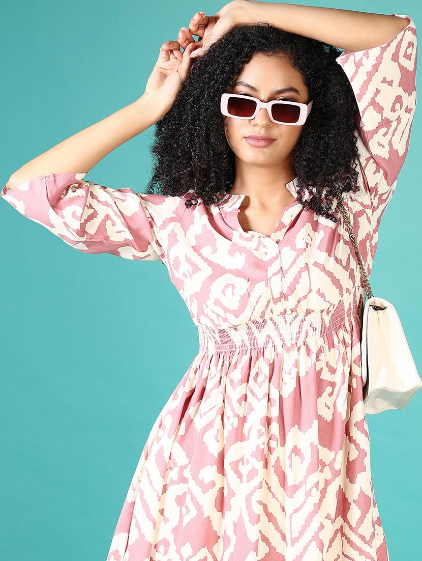 women mauve printed madarin neck a-line dress - 21624412 - Standard Image - 3