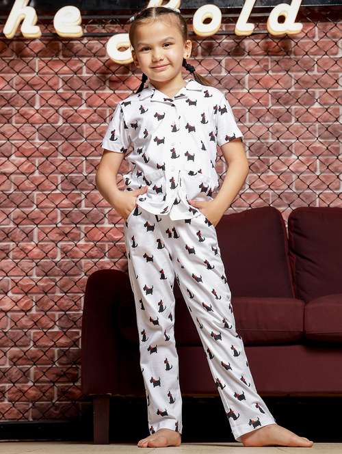 girls printed collared pyjama set - 21624678 - Standard Image - 0
