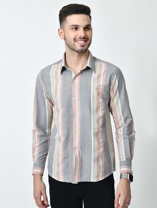 men grey vertical stripes casual shirt - 21626672 - Standard Image - 0