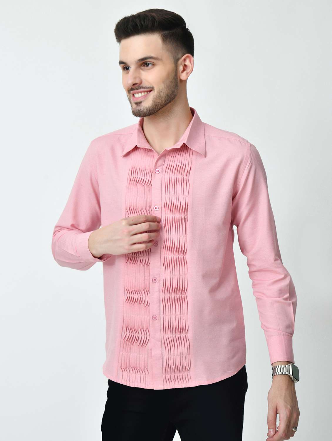 men pink regular fit plain pleated shirt - 21626676 - Zoom Image - 0