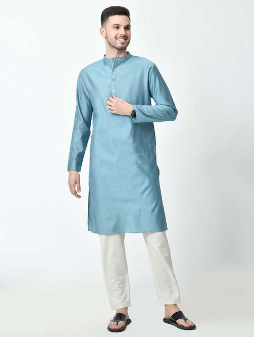 men regular fit mandarin neck solid long kurta  - 21627055 -  Standard Image - 0