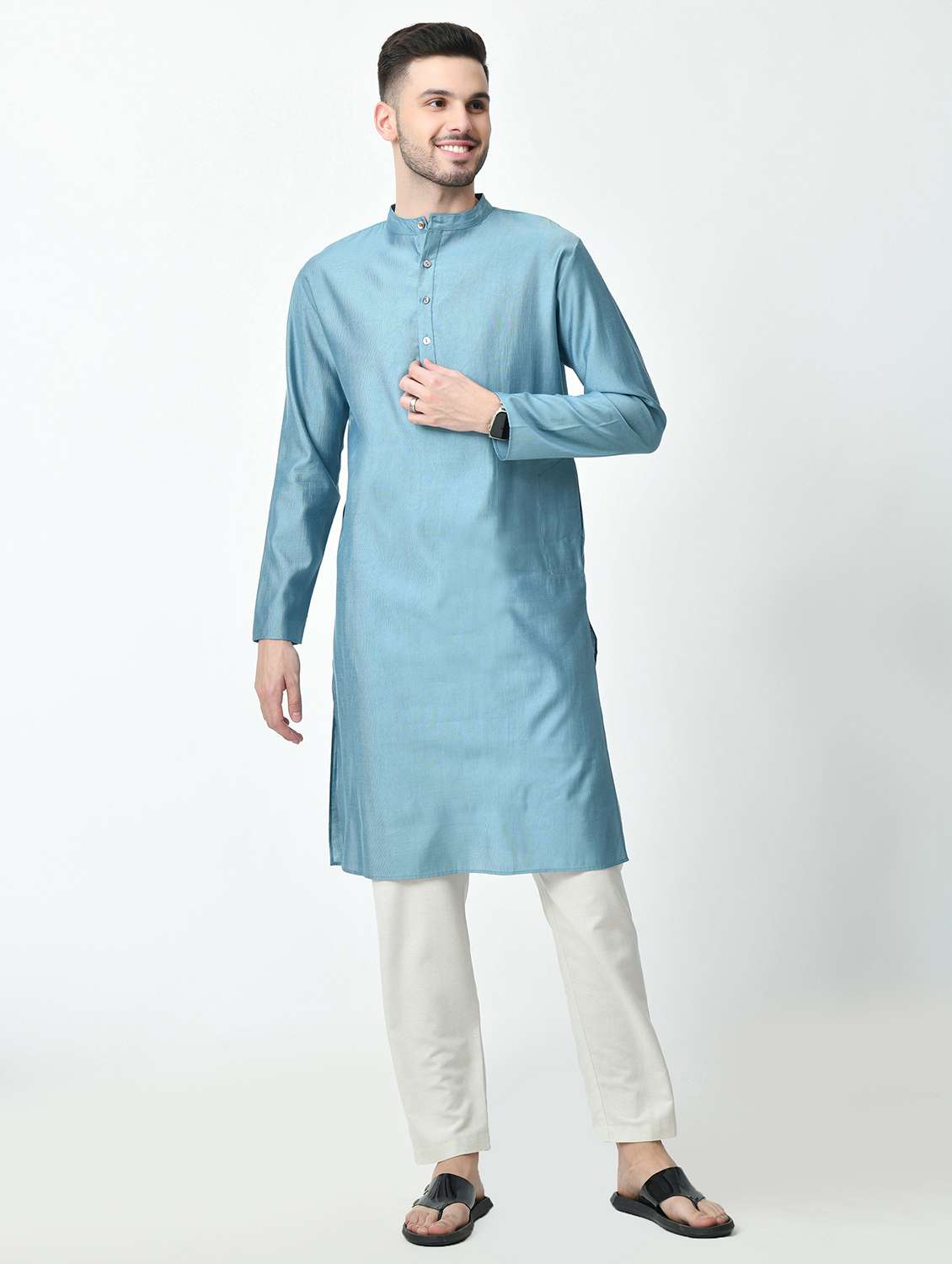 men regular fit mandarin neck solid long kurta  - 21627055 -  Zoom Image - 0