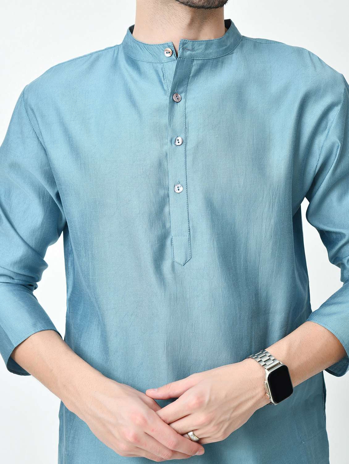 men regular fit mandarin neck solid long kurta - 21627055 - Standard Image - 5