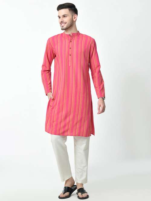 men regular fit mandarin neck striped long kurta - 21627057 - Standard Image - 0