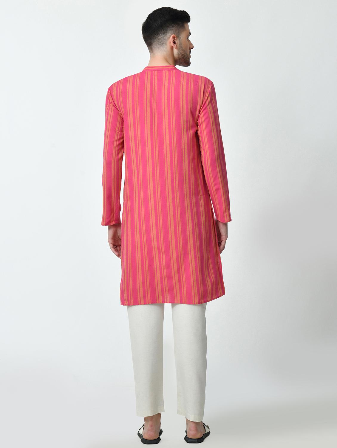 men regular fit mandarin neck striped long kurta - 21627057 - Standard Image - 3