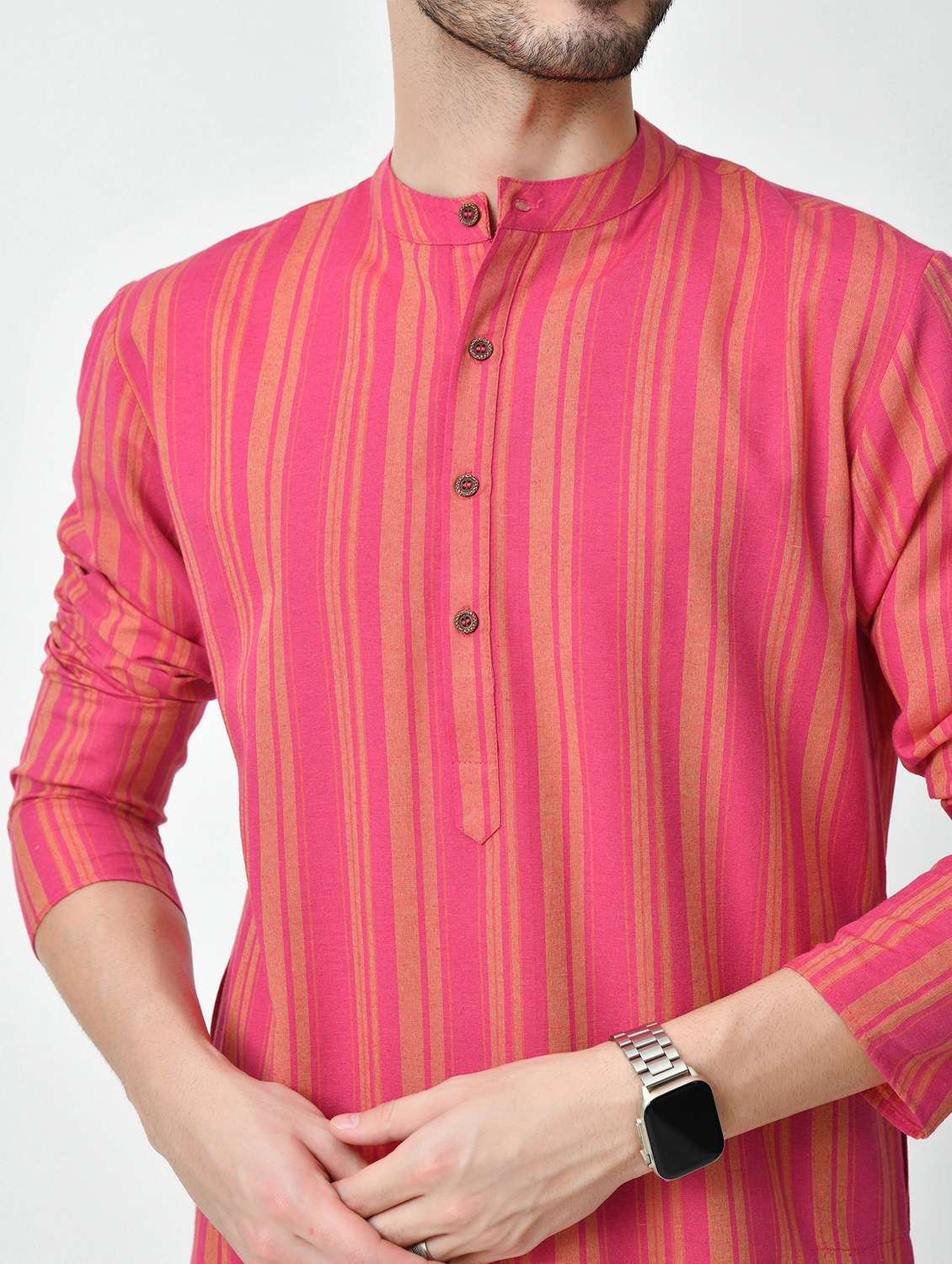 men regular fit mandarin neck striped long kurta - 21627057 - Standard Image - 5