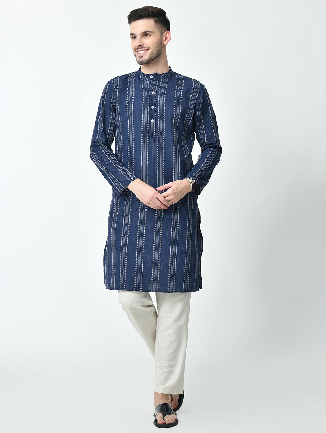 men regular fit mandarin neck striped long kurta - 21627058 - Zoom Image - 0