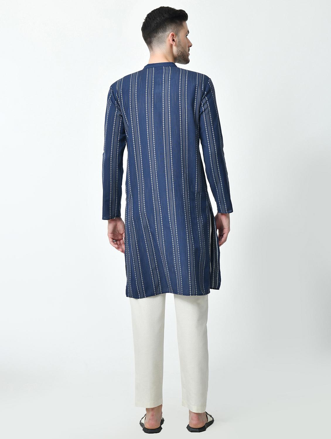 men regular fit mandarin neck striped long kurta - 21627058 - Standard Image - 3