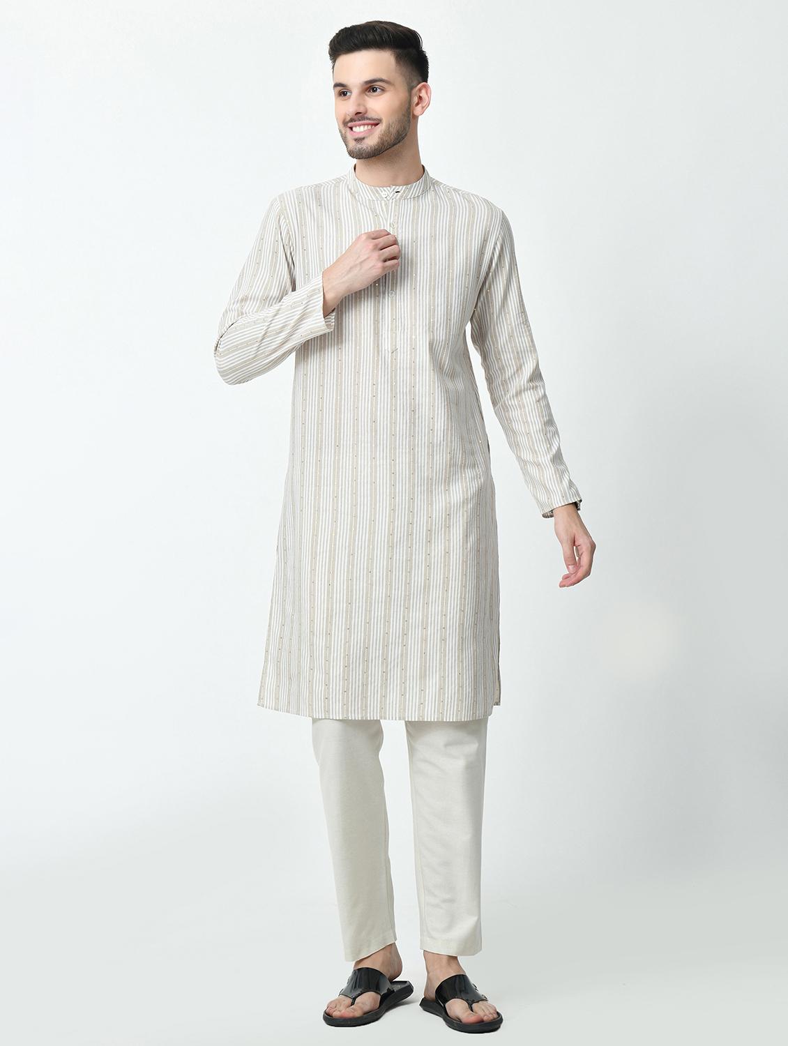 men regular fit mandarin neck striped long kurta 