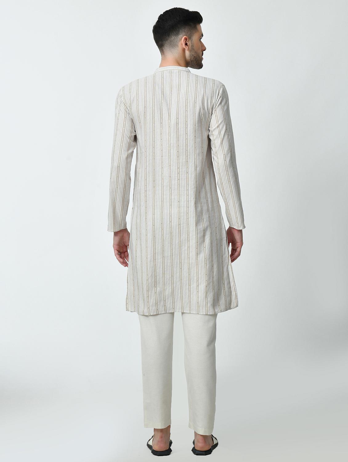 men regular fit mandarin neck striped long kurta - 21627059 - Standard Image - 3