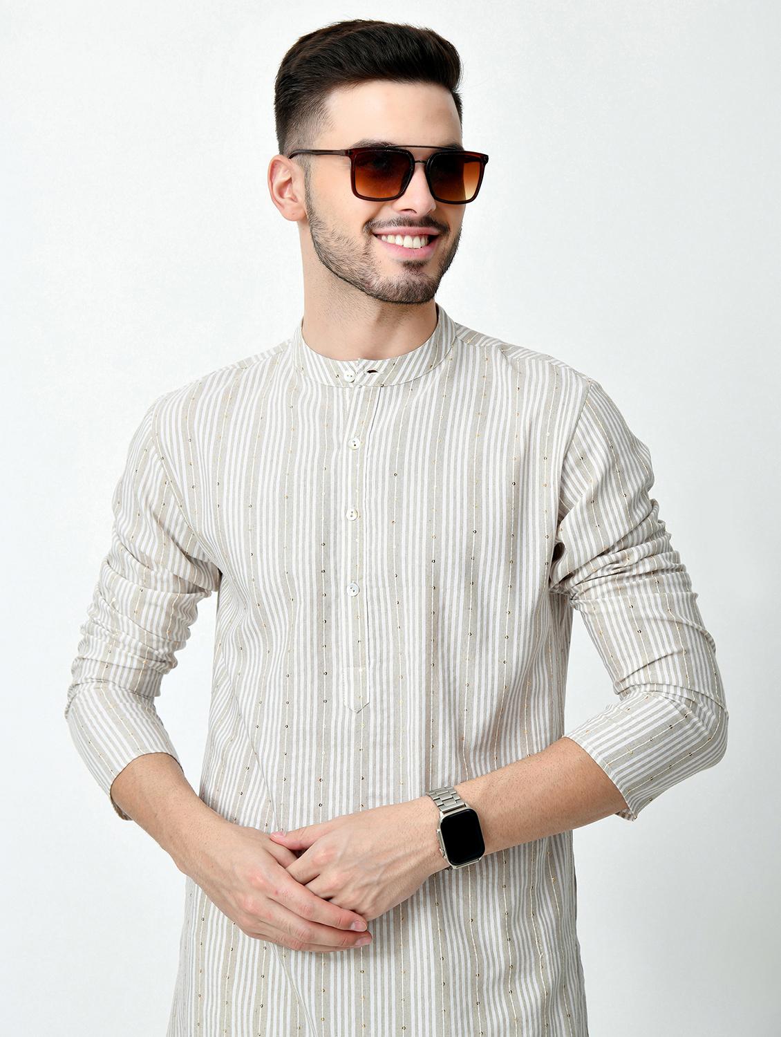 men regular fit mandarin neck striped long kurta - 21627059 - Standard Image - 5