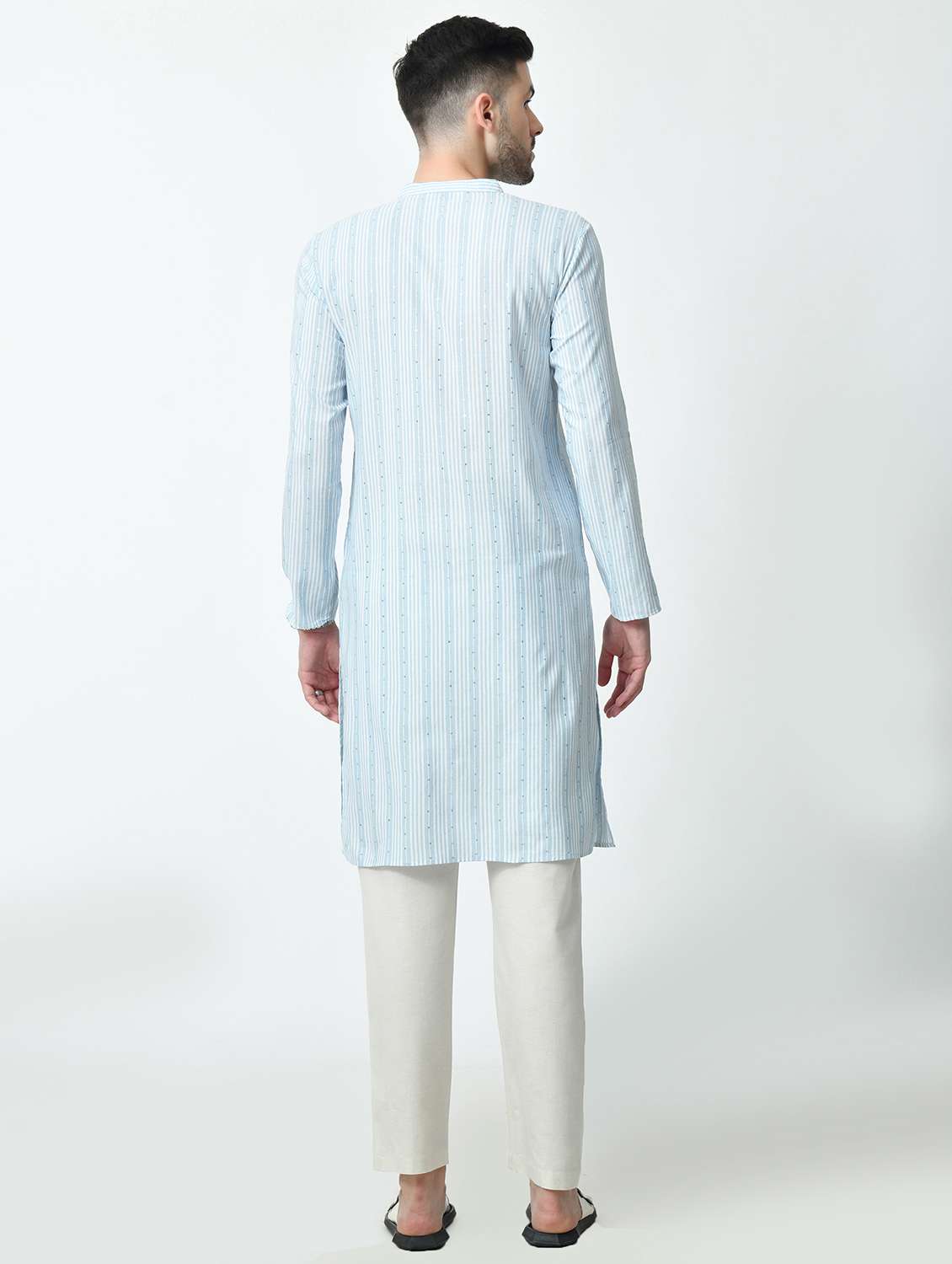 men regular fit mandarin neck striped long kurta with sequins work - 21627060 -  Standard Image - 3