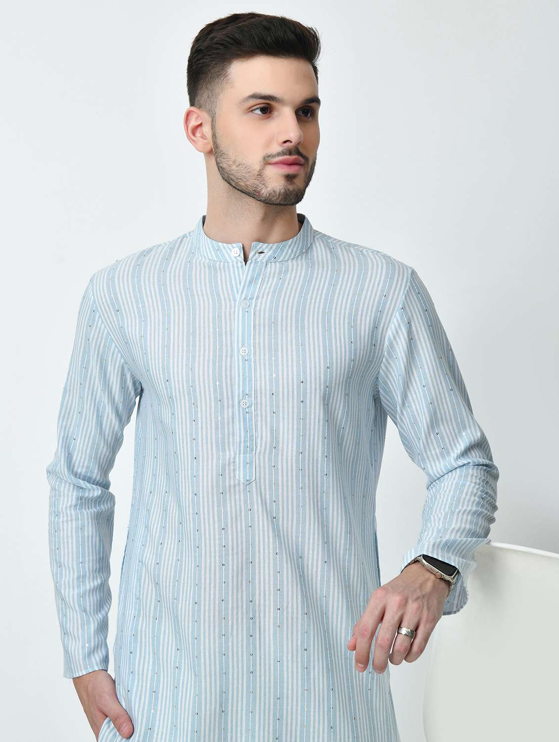 men regular fit mandarin neck striped long kurta with sequins work - 21627060 -  Standard Image - 5