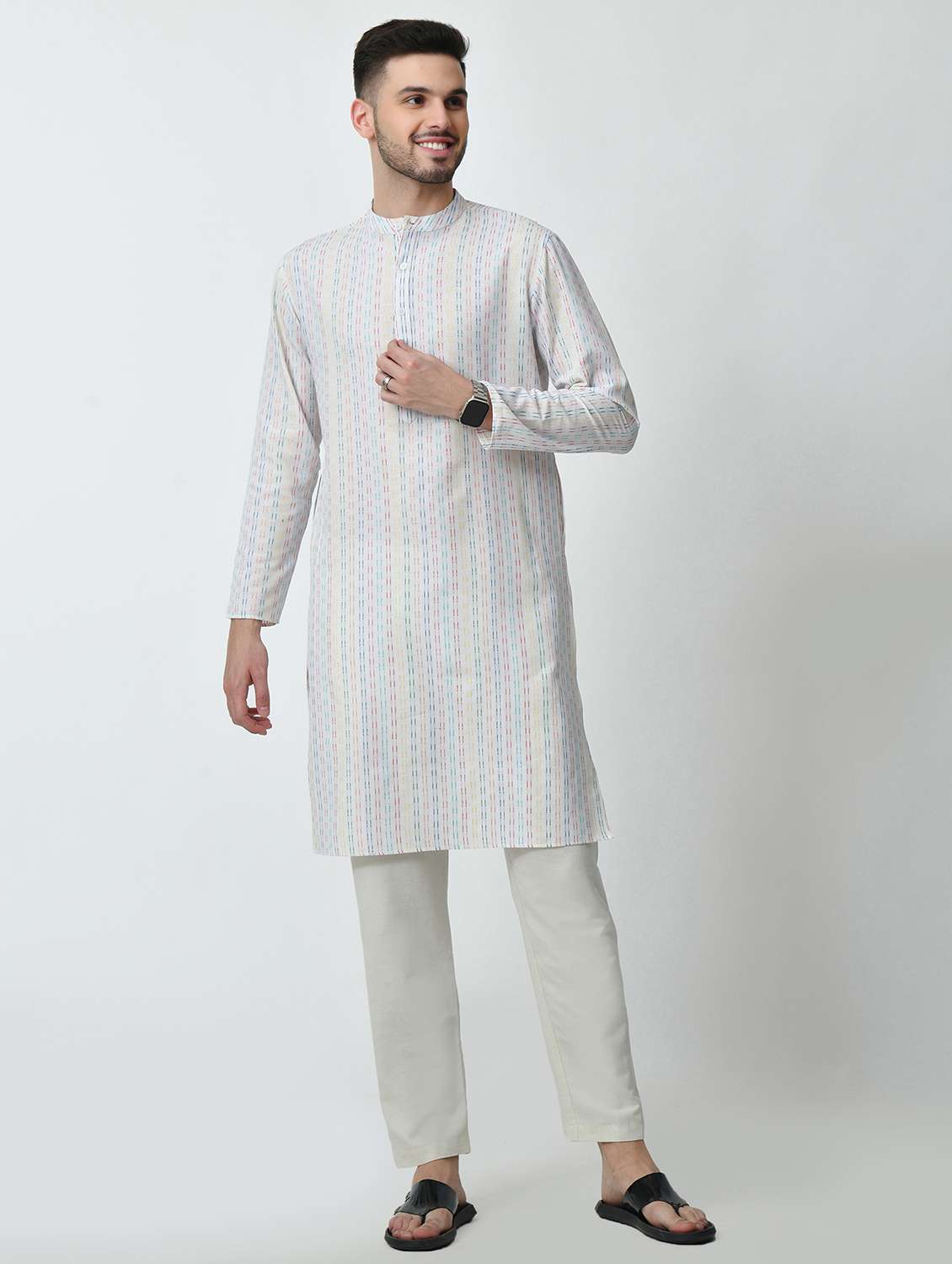 men regular fit mandarin neck self design long kurta  - 21627062 -  Zoom Image - 0