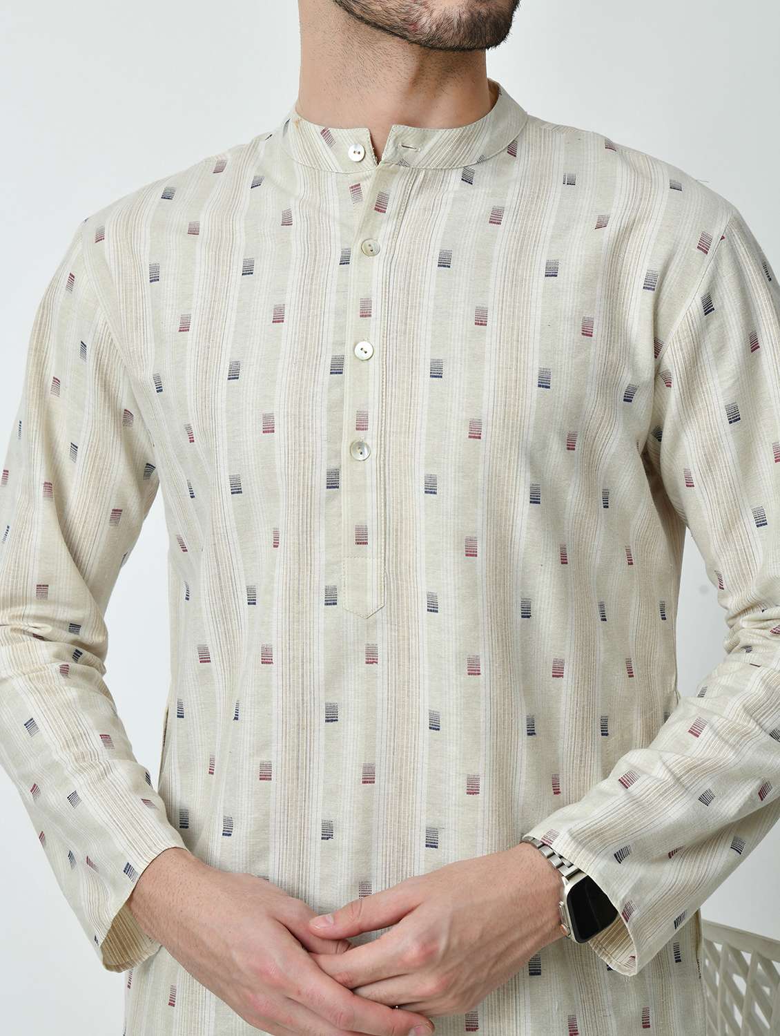 men regular fit mandarin neck self design long kurta - 21627063 - Standard Image - 5