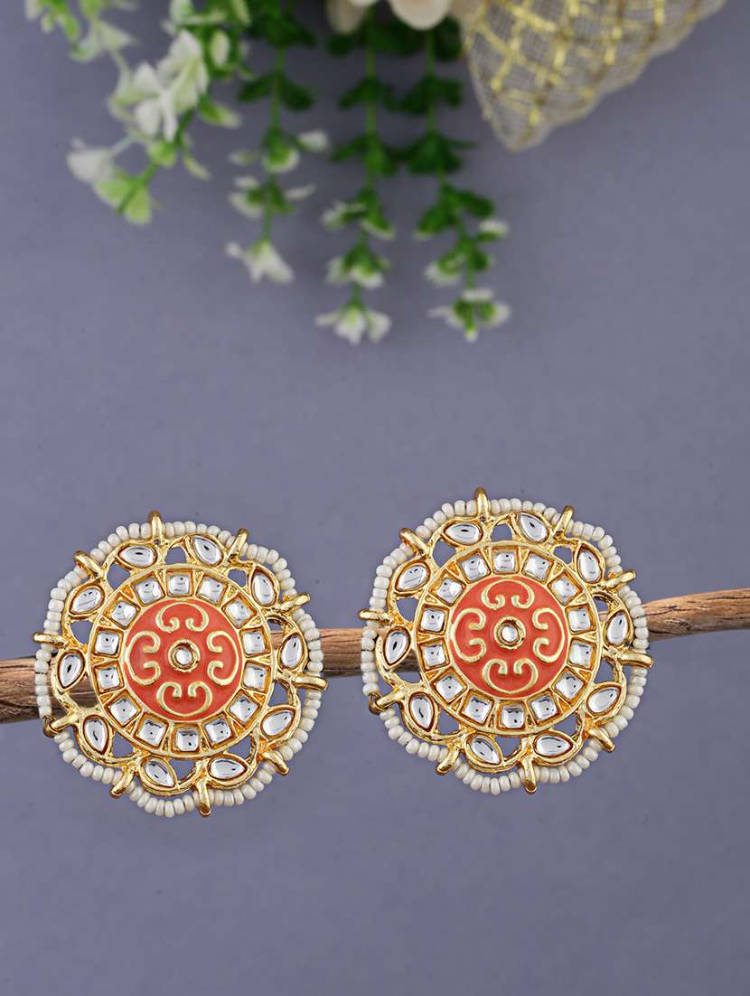 women gold plated kundan & pearl work stud earrings