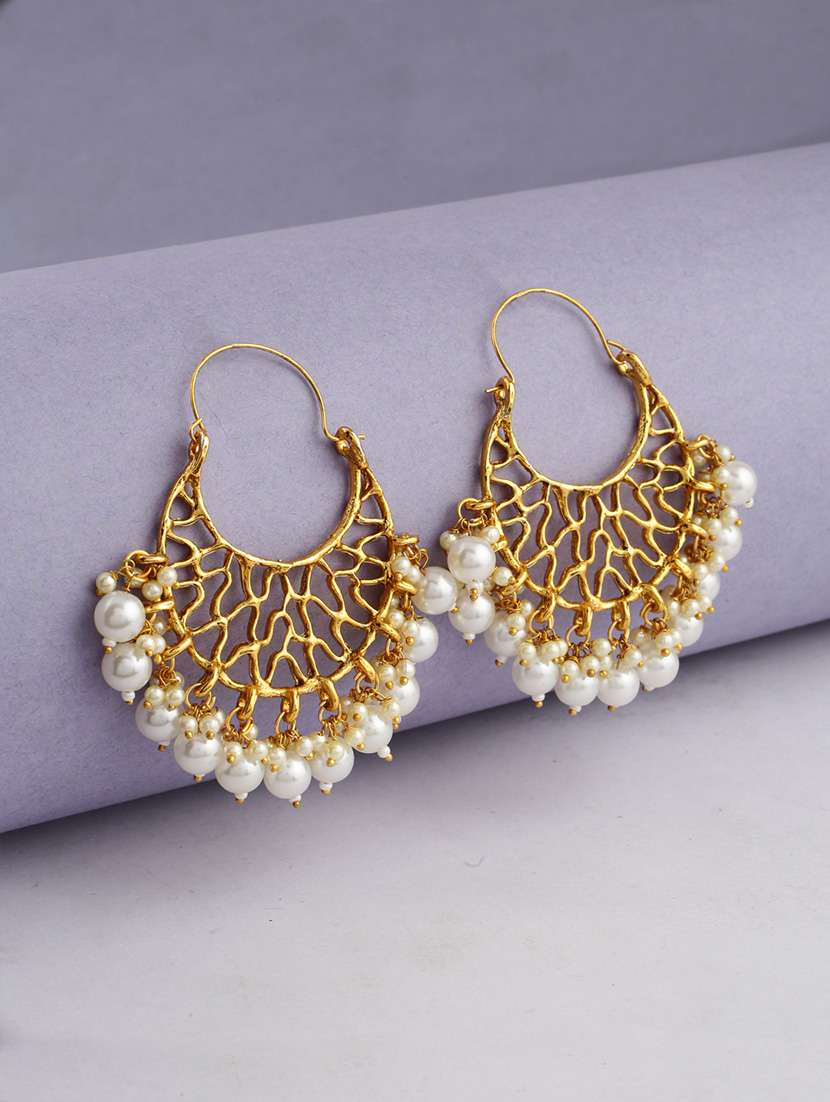 women gold plated pearls detailed hoop earrings