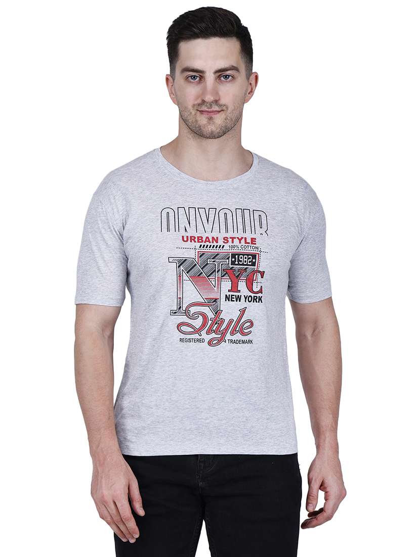 men grey typographic round neck regular fit t-shirt