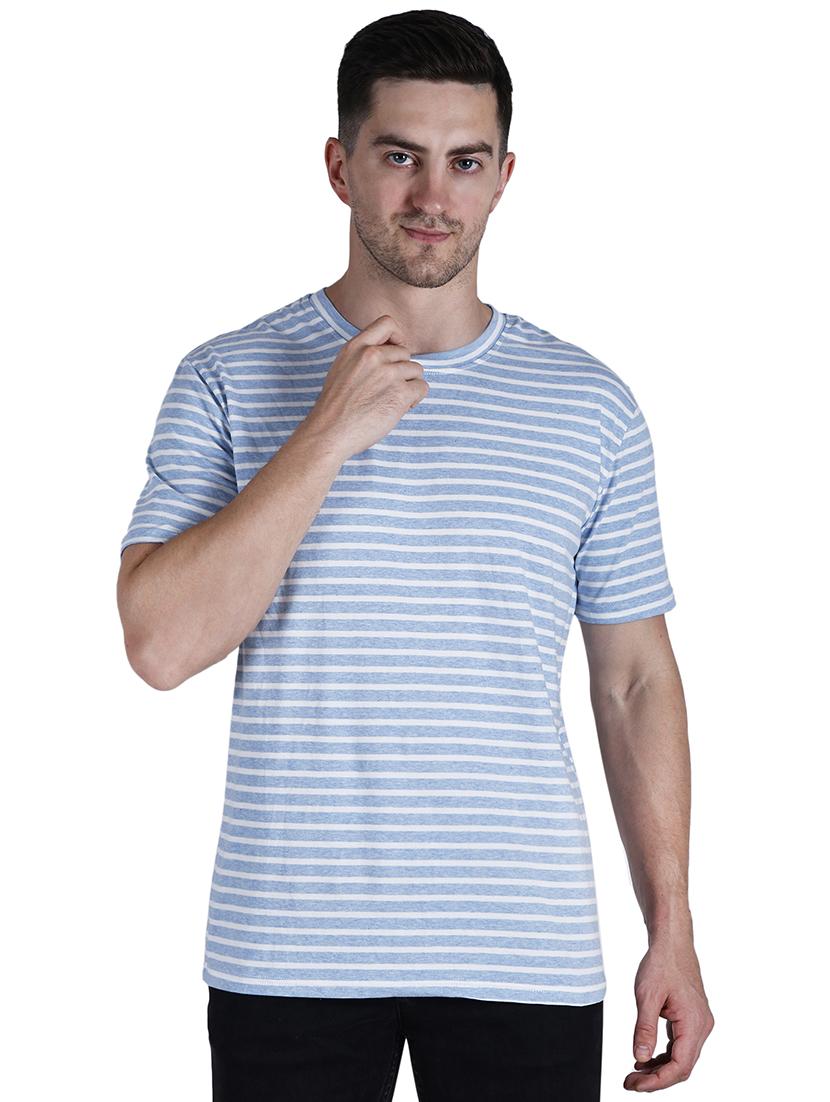 men light blue striped round neck regular fit t-shirt