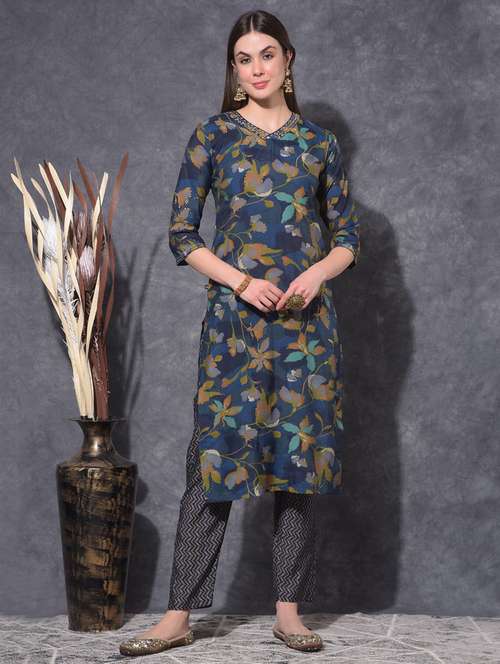 women floral printed three quarter sleeve kurta pant set - 21627243 - Standard Image - 0