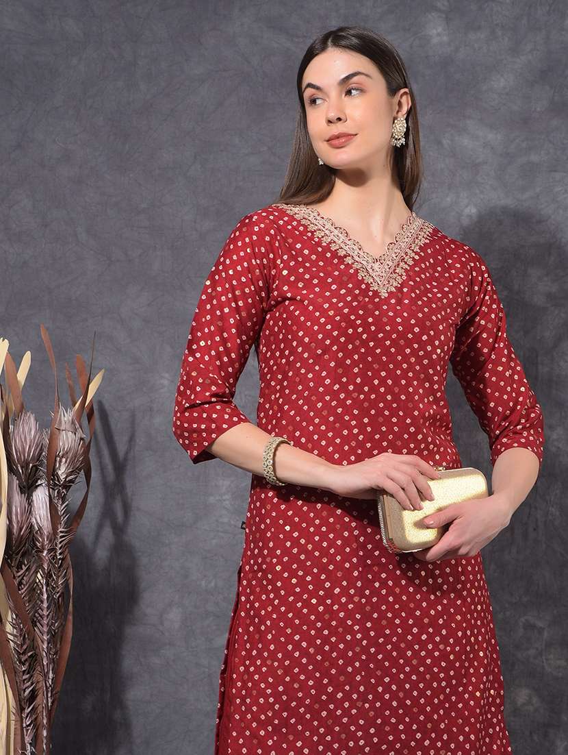 women bandhani three quarter sleeve kurta pant set - 21627254 -  Standard Image - 3