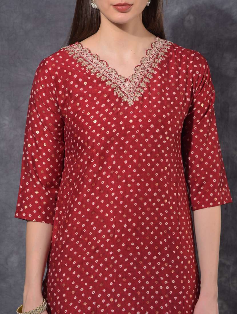 women bandhani three quarter sleeve kurta pant set - 21627254 -  Standard Image - 5