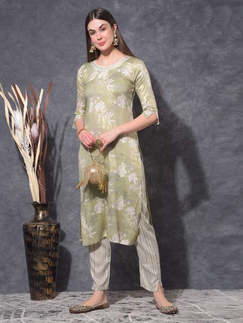 women floral three quarter sleeve kurta pant set - 21627265 -  Standard Image - 0