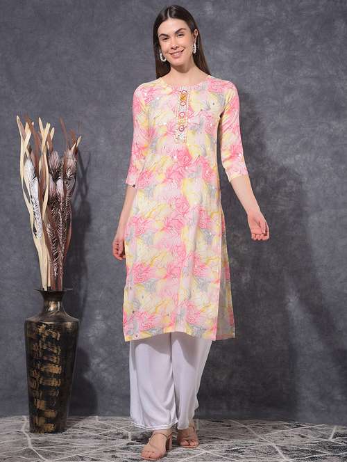 women printed three quarter sleeve straight kurta - 21627290 -  Standard Image - 0