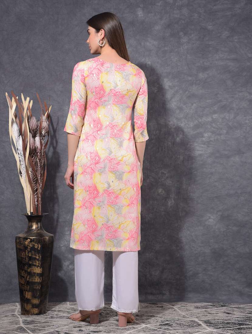 women printed three quarter sleeve straight kurta - 21627290 -  Standard Image - 3