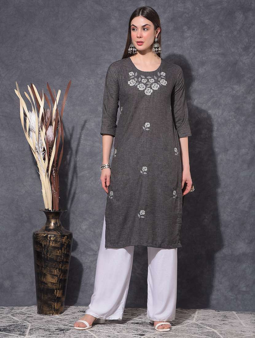 women embroidered three quarter sleeve straight kurta
