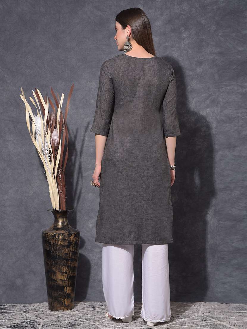 women embroidered three quarter sleeve straight kurta - 21627294 - Standard Image - 3