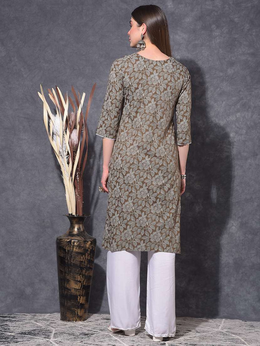 women floral three quarter sleeve straight kurta - 21627402 - Standard Image - 3