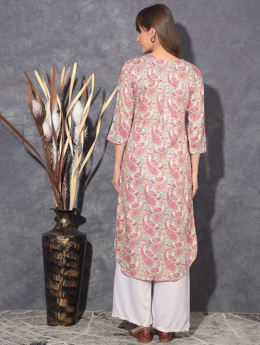 women paisley three quarter sleeve straight kurta - 21627435 -  Standard Image - 3