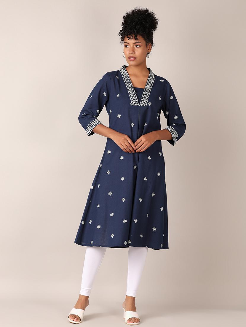 women blue printed v neck a-line kurta - 21627486 - Zoom Image - 0
