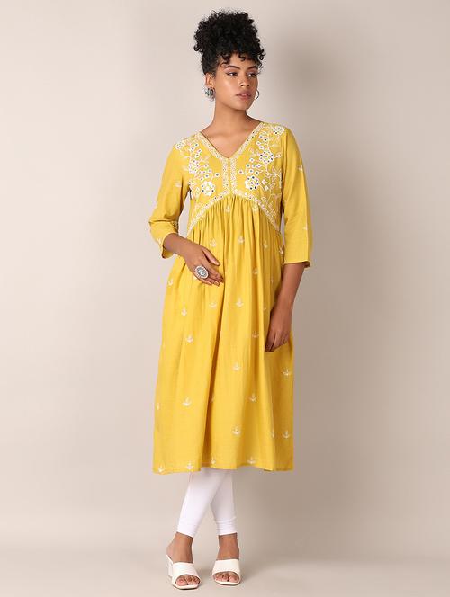 women yellow embroidered v neck flared kurta - 21627489 -  Standard Image - 0