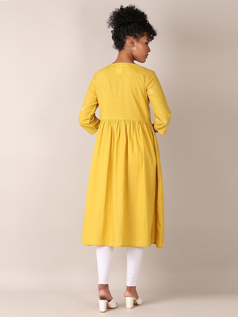 women yellow embroidered v neck flared kurta - 21627489 - Standard Image - 3