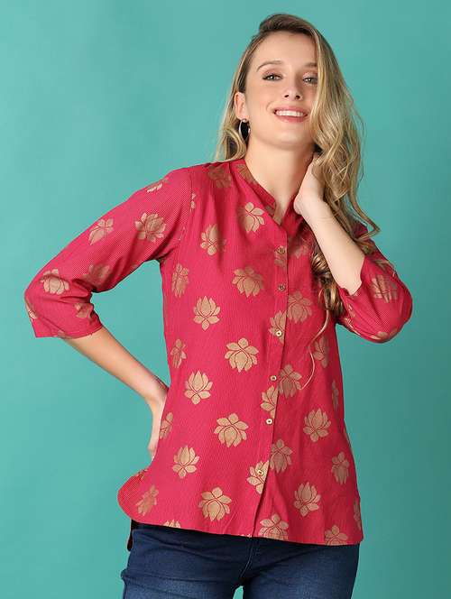women foil print mandarin neck high low top - 21627520 -  Standard Image - 0