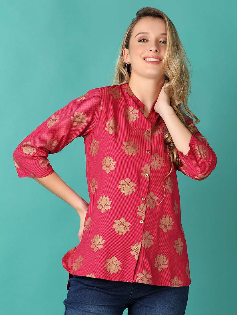 women foil print mandarin neck high low top - 21627520 -  Zoom Image - 0