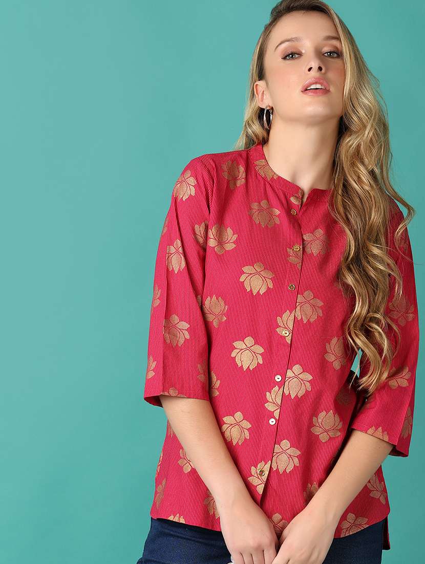 women foil print mandarin neck high low top - 21627520 - Standard Image - 3