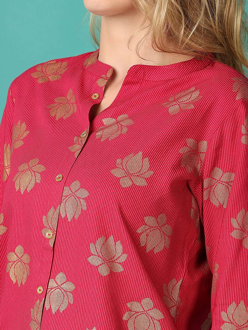 women foil print mandarin neck high low top - 21627520 - Standard Image - 5