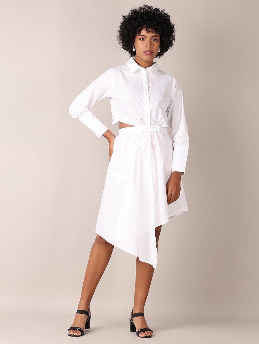 women white solid long sleeve asymmetric dress - 21627524 - Zoom Image - 0
