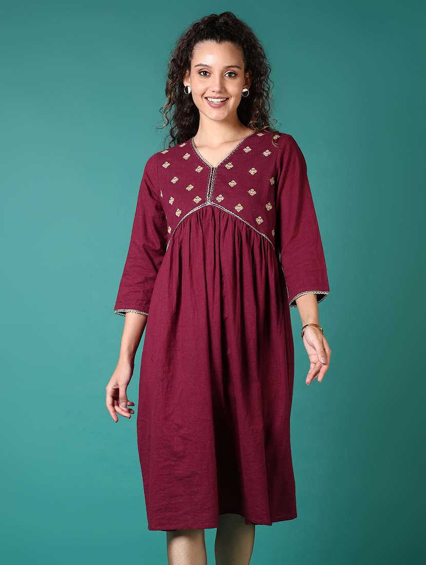 women embroidered three quarter sleeve a-line kurta
