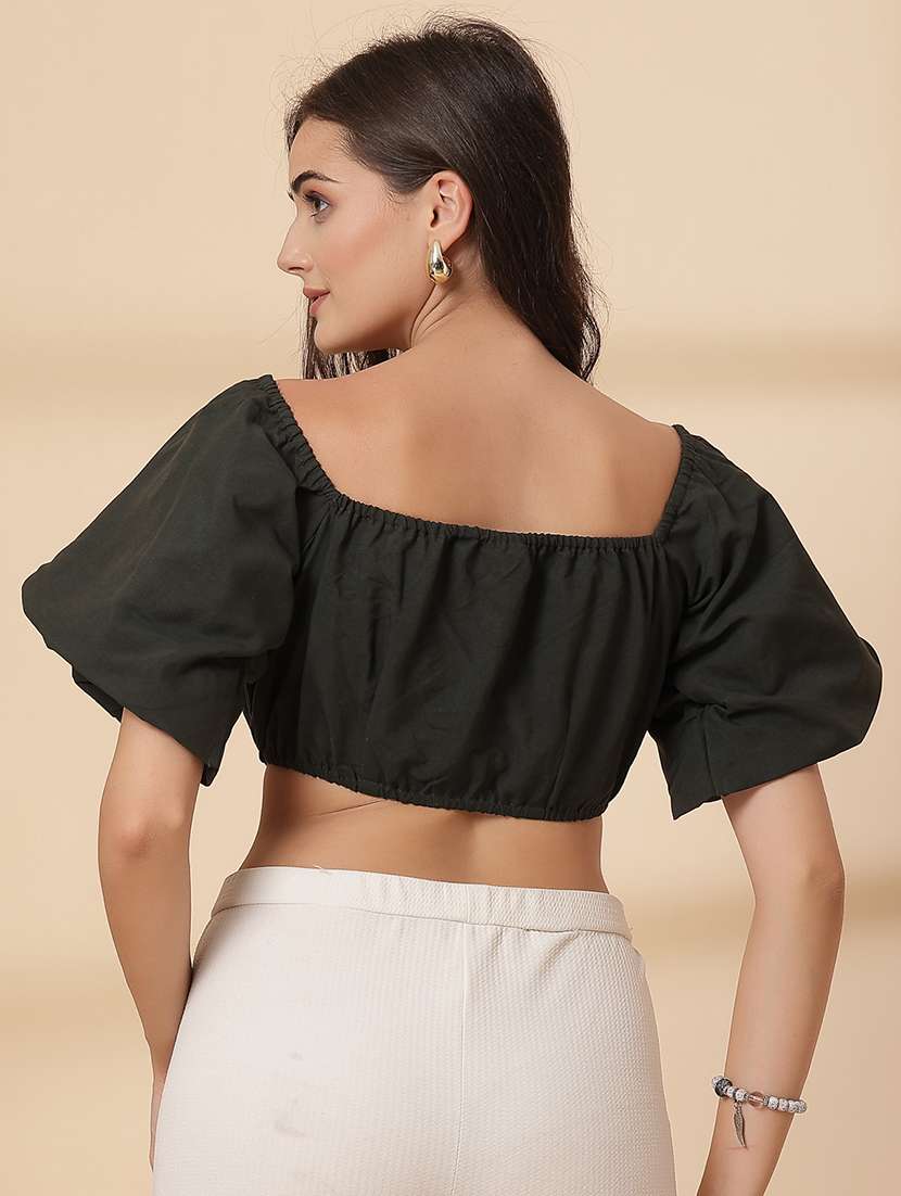 women solid puff sleeve crop top - 21628376 -  Standard Image - 3