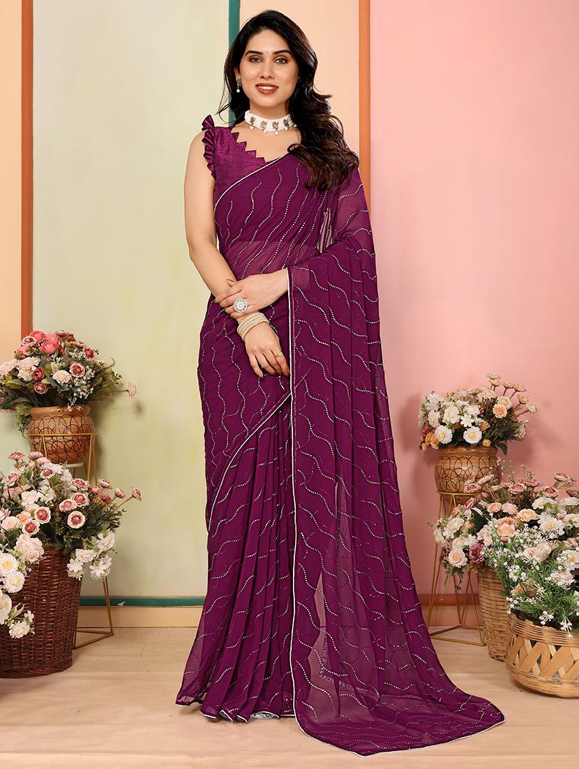 women solid with work embellished saree with blouse - 21628446 - Zoom Image - 0