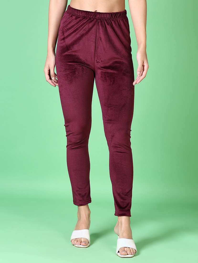women maroon solid full length legging