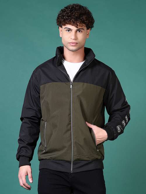 men olive color block long sleeve casual jacket - 21628489 -  Standard Image - 0